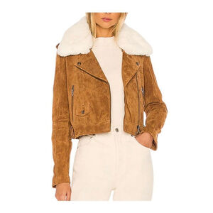 Blank NYC Alder Suede Faux Fur-Collar Moto Jacket Size S